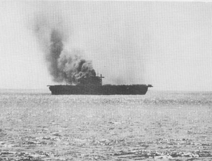CV-5 USS Yorktown on fire after a bomb hit during the Battle of Midway
