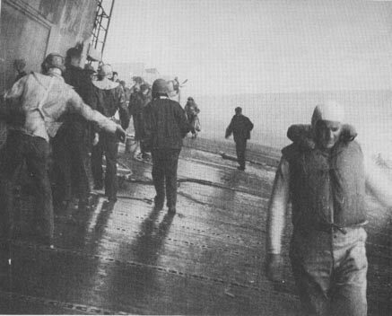 Flight deck view of USS Yorktown  after torpedo attack